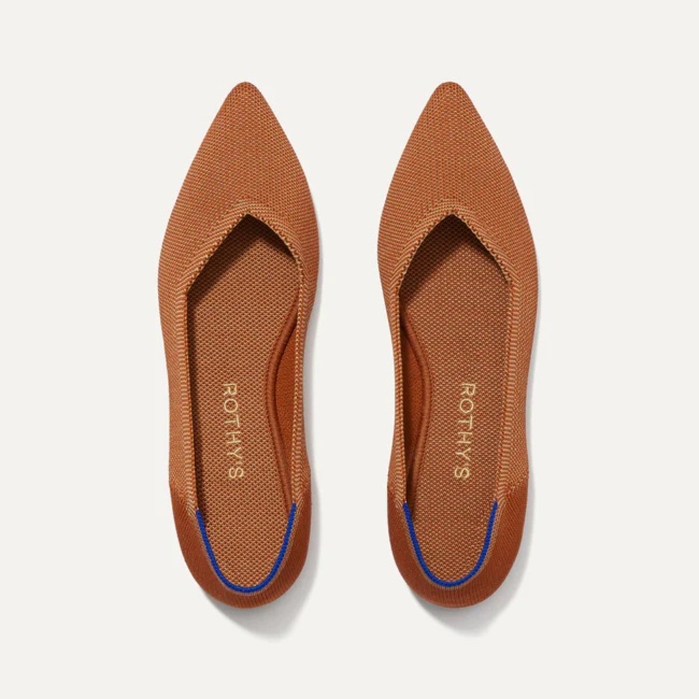 Rothy's Pointed Toe Flats in Rust with Blue Trim